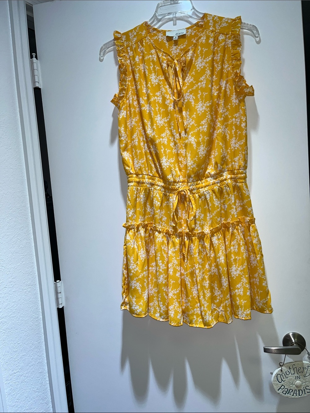 Ladies Size Medium Yellow Floral Tie-Waist Tiered Dress